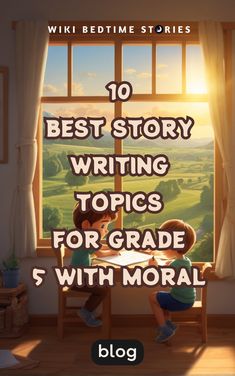 two children sitting at a table in front of a window with the words 10 best story writing