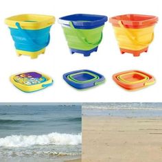 there are four different types of plastic bowls on the beach and in front of the ocean