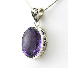 Sterling Silver Amethyst 17x24mm Oval Bali Pendant Classic Amethyst Cabochon Jewelry, Classic Oval Cabochon Amethyst Jewelry, Classic Purple Cabochon Jewelry, Faceted Oval Purple Jewelry, Amethyst Pendant With Polished Finish, Purple Oval Cabochon Fine Jewelry, Sterling Silver Jewelry With Large Oval Stone Pendant, Fine Jewelry Amethyst Oval Cabochon, Large Oval Amethyst Stone Jewelry