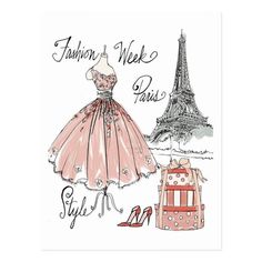 a drawing of a dress and purse with the eiffel tower in the background