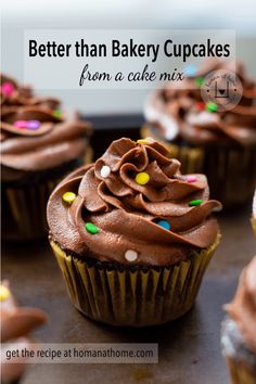 cupcakes with chocolate frosting and sprinkles on top are shown