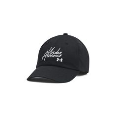 the under armour baseball cap in black with white lettering on the front and back side