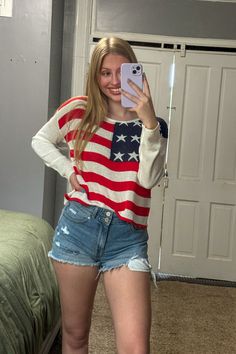 Experience ultimate patriotic style with our American Babe Sweater. The lightweight, breezy fabric keeps you comfortable all day long while you celebrate the 4th of July. Stand out from the crowd and show off your American pride with this must-have piece. Order now and celebrate in style! Fits true to size. Taya is wearing a S/M and Tara is wearing a M/L. Patriotic Fashion, American Pride, Romper With Skirt, Solid Dress, Solid Tops, Cute Casual Outfits, Girls Shopping, Print Tops, In Style