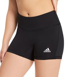 These trim-looking athletic shorts are great for volleyball, basketball and other court sports, having been designed with a snug compression fit for a "locked in" feel that supports major muscle groups. 4-way stretch keeps fit engaged, and gives you complete freedom to move. Tall, self-lined waistband has covered elastic at rim. Opaque knit for modesty. Crotch gusset inseam keeps shorts close to the body and prevents bunching. Center back seam for a more streamlined fit. Leg openings have two-pl Breathable Activewear For Sports Events, Adidas Activewear With Built-in Shorts, Cheerleading Activewear With Built-in Shorts, Athleisure Moisture-wicking Shorts For Cheerleading, Cheerleading Short Activewear In Athleisure Style, Cheerleading Athleisure Activewear Shorts, Moisture-wicking Shorts For Cheerleading, Cheerleading Short Athleisure Activewear, Athleisure Athletic Shorts For Cheerleading