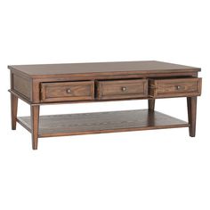 a wooden coffee table with two drawers on one side and an open shelf underneath it