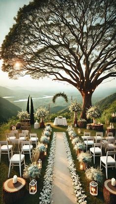 an outdoor ceremony setup with white flowers and greenery on the ground, surrounded by trees