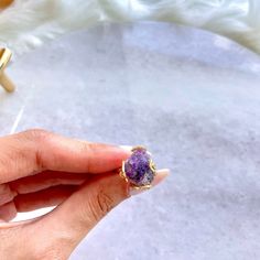 Amethyst Crystal Ring, Amethyst Gold Natural Stone, Positive Energy, Intoxication gift, Free Delivery. Hand made! *PLEASE NOTE: The picture displayed is for reference. Please be advised your chosen crystals will differ in size and colour as each is natural and unique* ✨check out the rest of my crystal jewellery here. Uplift your spirit and manifest more positivity and happiness with these wire wrapped Amethyst crystal points. What healing powers does the stone posses? - Amethyst is the birthston Purple Round Crystal Spiritual Ring, Amethyst Raw Stone Crystals For Gift, Spiritual Amethyst Ring With Gemstone Accents, Spiritual Amethyst Crystal Ring, Adjustable Purple Amethyst Gemstone Ring, Spiritual Amethyst Crystal Ring For Anniversary, Spiritual Purple Crystal Birthstone Ring, Purple Spiritual Gemstones For Anniversary, Spiritual Purple Gemstones For Anniversary