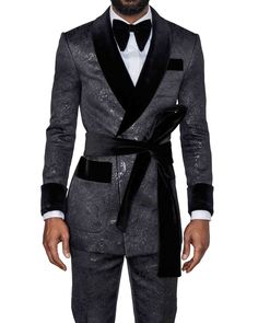 Ralph Black Jacquard Tuxedo Front Belt Prom Suit And Dress, Black Men Suits, Black Tie Dress Code, Mens Fashion Swag, Stylish Mens Suits, Wedding Outfit Men, Streetwear Fits, Stylish Mens Fashion, Gq Style