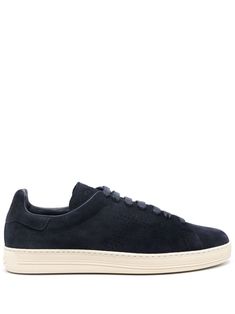 navy blue calf suede logo-debossed tongue branded heel counter perforated detailing front lace-up fastening round toe branded leather insole flat rubber sole Sporty Navy Sneakers With Stitched Sole, Navy Low-top Sneakers With Textured Sole, Sporty Navy Sneakers With Leather Sole, Classic Navy Sneakers With Contrast Sole, Classic Navy Sneakers With Textured Sole, Classic Blue Sneakers With Textured Sole, Classic Blue Sneakers With Perforated Toe Box, Classic Navy Sneakers With Leather Sole, Navy Low-top Sneakers With Perforated Toe Box