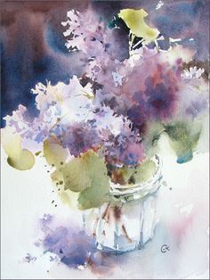 watercolor painting of purple flowers in a mason jar