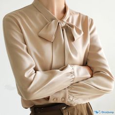 OrcaJump - Classy Bow-Adorned Chiffon Blouse with Luxurious Texture Fall Season Formal Chiffon Blouse, Formal Chiffon Tops For Fall, Formal Chiffon Blouse For Fall, Chiffon Tie Neck Blouse For Work, Fall Office Blouse In Chiffon, Workwear Chiffon Tie Neck Blouse, Fall Office Chiffon Blouse, Elegant Chiffon Blouse For Fall, Elegant Solid Chiffon Blouse