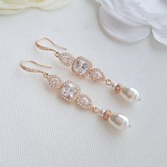 Gold Pearl Bridal Earrings- Gianna - PoetryDesigns Rose Gold Earrings Wedding, Pearl Drop Earrings Bridal, Pearl Bridal Earrings, Long Bridal Earrings, Rose Gold Bridal Earrings, Rose Gold Wedding Jewelry, Pearl Drop Earrings Gold, Crystal Earrings Wedding, Gold Earrings Wedding