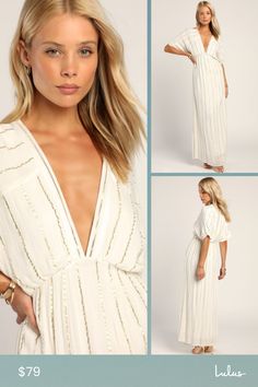 With the wind in your hair and the Lulus Goddess Vibes Ivory Gold Striped Dolman Sleeve Maxi Dress in your wardrobe, you'll be feeling those island vibes! Lightweight woven rayon fabric, with a subtle crinkled texture and luxe gold stripes throughout, shapes this breezy summer look. Relaxed-fit dolman sleeves frame a plunging V-neckline, atop a blouson-inspired bodice. A high, elasticized waist tops the skirt that ends at a maxi hem. Fit: This garment fits true to size. Length: Ankle length. Siz Dolman Sleeve Maxi Dress, Goddess Vibes, Island Vibes, Gold Stripes, The Goddess, Rayon Fabric, Maxi Dress With Sleeves, Dolman Sleeve, Summer Looks