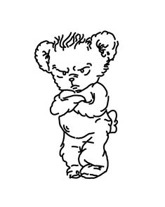 a black and white drawing of a teddy bear with its arms crossed, looking angry