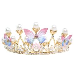 This Is A Brand New Women's Ethereal Floral Butterfly Pearl Tiara Crown. This Beautiful Crown Features Gold Toned Metal, Ornate Filigree, Pink / Blue Ombre Butterflies, Glass Rhinestones, Pearls, And Intricate Hand Strung Beading. High-Quality! Perfect For Special Occasions, Weddings, Bachelorette Party, Princess Costumes, Disney Bounding, Photo Shoots, And More! All Orders Are Packaged With And Are Shipped Out Asap! Questions? Leave Us A Comment! We Are More Than Happy To Help! New To Poshmark? Fairy Crowns Diy, Butterfly Tiara, Wizard Jewelry, Candy Room, Magical Clothes, Barbie Party Decorations, Butterfly Crown, Flower Tiara, Pearl Tiara