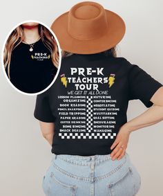 a woman wearing a black t - shirt with the words prek teachers tour on it