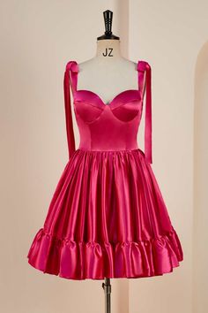 Pink Short Princess Dress, Hot Pink Bow Tie, Short Dr, Hot Pink Homecoming, Hot Pink Homecoming Dress, Short Princess Dress, Papillon Rose, Pink Homecoming, Satin Homecoming Dress