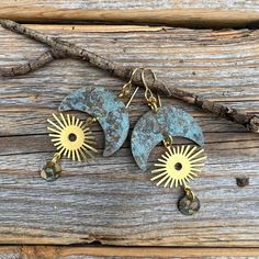 Unique Moon, Boho Inspired Vintage Patina dangle earrings-made with Natural Brass. Includes 10K Gold Plated Ear Wire and Silicone Earring Backs: These earrings are perfect if you are looking for that southwestern boho look. Throw them on with any outfit and they will definitely add some character. Perfect with a white T and a pair of jeans! These earrings are large, but light weight and a perfect everyday wear. They are approximately 3 inches in length and 1.5 inches at the widest portion.  To v Handmade Crescent Celestial Earrings, Handmade Celestial Drop Earrings, Handmade Celestial Earrings For Festivals, Handmade Celestial Metal Earrings, Handmade Metal Celestial Earrings, Unique Adjustable Earrings With Moon Charm, Handmade Celestial Dangle Earrings, Handmade Celestial Brass Earrings, Bohemian Teardrop Moon Charm Earrings