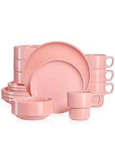 pink dinnerware set with cups and saucers on the side, all in different colors