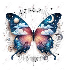 a butterfly with music notes on it's wings and stars in the sky above