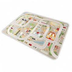 a child's play mat with cars and trucks on the road in neutral colors