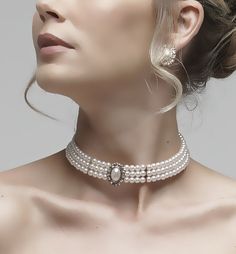 Bridal jewelry set, Bridal choker necklace earrings, Wedding choker, white Victorian pearl jewelry set, bridesmaid jewelry, choker set by GlamDuchess on Etsy Prom Aesthetic, Bridal Choker Necklace, Pearl Jewelry Set, White Victorian, Evening Jewelry, Bridal Choker, Bridal Jewelry Set, Detailed Necklace, Vintage Inspired Jewelry