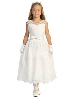 First Communion Dress - Lito Girls White Illusion Neckline Corded Tulle Bow Communion Dress 6-12 - SophiasStyle.com White Sleeveless First Communion Dress With Lace Bodice, Lace Sleeveless First Communion Dress For Pageant, White Sleeveless First Communion Dress, Sleeveless Lace Bodice First Communion Dress, Sleeveless First Communion Dress With Fitted Bodice, White Sleeveless First Communion Pageant Dress, Sleeveless Lace First Communion Dress, White Sleeveless Dress With Illusion Neckline, Sleeveless Lace First Communion Dress For Spring