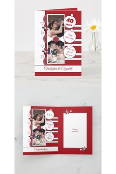 two photoshopped together in a red and white wedding card with hearts on it