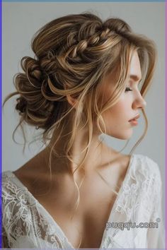 a woman with long hair wearing a white dress and braid in her hair, looking off to the side