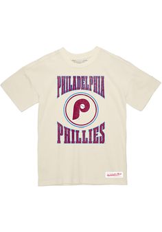 Mitchell and Ness Philadelphia Phillies White Arched Logo Slub Short Sleeve Fashion T Shirt Throwback Graphic Print Top For Game Day, Throwback Relaxed Fit Tops For Game Day, Relaxed Fit Throwback Tops For Game Day, Throwback Cotton Tops With Team Name, Throwback Text Print Crew Neck Tops, Throwback Crew Neck Top With Text Print, Throwback Cotton Tops For Sports Season, Throwback Cotton Tops For Sports Events, Throwback Sports Tops With Screen Print