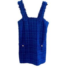 Zara Wide Straps Tweed Pinafore Dress Size: Small Brand New Zara Vibrant Blue Tweed Pinafore Above The Knee Mini Dress. Design With Raw Edge Frayed Wide Shoulder Straps, Straight Neckline, Two Front Pockets With Jeweled Buttons, Side Invisible Zipper Closure. The Fabric Is 50% Cotton, 30%Acrylic And 20%Polyester Length: 30" Armpit To Armpit: 15" Item Ships Next Business Day! Chic Blue Tweed Dress, Blue Sleeveless Tweed Dress For Spring, Sleeveless Blue Tweed Dress For Spring, Sleeveless Casual Tweed Dress, Blue Mini Tweed Dress For Spring, Casual Sleeveless Tweed Dress, Chic Blue Tweed Summer Dress, Chic Blue Tweed Fall Dress, Casual Tweed Dresses For Winter