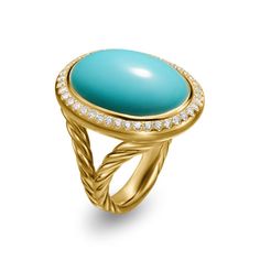 The Albion® Collection’s unique cushion-cut center stone was David Yurman’s innovative solution to use an oversize gemstone in a refined modern setting with classical proportions. 18-karat Yellow Gold • Turquoise, 13.27 total carat weight • Pavé-set diamonds, 0.44 total carat weight • Ring, 25.6mm • Stone, 21mm • Size 7 Luxury Turquoise Gemstone Ring, Luxury Oval Turquoise Ring, Luxury Turquoise Cabochon Ring In Yellow Gold, Luxury Yellow Gold Turquoise Cabochon Ring, Luxury Turquoise Oval Cabochon Ring, Elegant Turquoise Gemstone Ring For Formal Occasions, Luxury Oval Turquoise Gemstone Ring, Elegant Turquoise Ring With Polished Finish, Elegant Yellow Gold Turquoise Ring For Formal Occasions