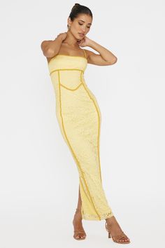 Shop the Inga Lace Piping Trim Midi Dress Yellow | Selfie Leslie Baby Moon, Selfie Leslie, Yellow Bridesmaid Dresses, Gang Gang, Yellow Bridesmaids, Red Bridesmaids, Yellow Midi Dress, Glam Girl, Lace Bodycon Dress