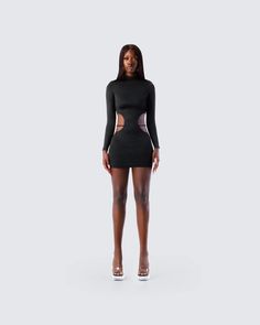 Mariah Black Mini Dress Chic Stretch Bodycon Dress With Cut-out Waist, Party Mini Dress With Cut-out Waist And Stretch, Stretch Turtleneck Mini Dress For Night Out, Night Out Elastane Bodycon Dress With Cutout, Sleek High Neck Mini Dress For Night Out, Black Cutout Dress In Elastane, Edgy Stretch Bodycon Evening Dress, Sleek High Neck Mini Dress For Party, Edgy Stretch Bodycon Dress For Evening