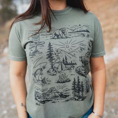 National Forest Unisex Tee - Moss - The Montana Scene Granola Girl, Laid Back Style, National Forest, Shirt Ideas, The National, Original Design, This Summer, Original Designs, Forest