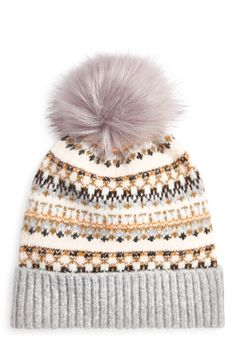 A plush pompom tops off his beanie knit with a classic Fair Isle pattern and finished with a stretchy ribbed cuff for a secure fit. 62% acrylic, 32% nylon, 3% polyester, 3% spandex Hand wash, dry flat Imported Flat Top Hats, Cuff Design, Women's Headwear, Grey Beanie, Fair Isle Pattern, Faux Fur Pom Pom, Ivory Pearl, Wide Cuff, Pom Beanie