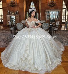 Sparkling Chapel Train 15 Quinceanera White Sweet Princess Inlaid Sequins Gold Applique Vestidos De Gold Quinceanera Dresses, Champagne Quinceanera Dresses, Quinceanera Dresses Black, Champagne Ball Gown, White Quinceanera Dresses, Quinceanera Dresses Gold, Sweet 15 Dresses, Beaded Tulle, Sweet 15