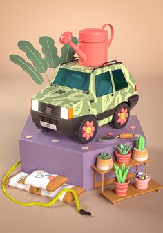 a car with a watering can on top of it and cactus in the back ground