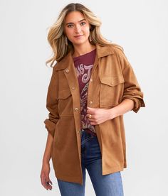 Acoa Faux Suede Shacket - Brown X-Small, Women's Brown Snap down shirt jacket Bust measures 44 on size small Body length 27 on size small. Layering piece(s) and/or accessories sold separately.. 90% Polyester 10% Spandex. Hand wash cold. Do not bleach. Hang to dry. Do not iron.. Measurements: Bust -Fullest part of bust with arms at sides. Waist -Circumference of natural waist: above belly button below rib cage. Hips -Standing with feet together fullest part of hips. WOMEN'S TOP SIZE CONVERSION CH Chic Winter Tops With Pockets, Casual Single Breasted Tops For Fall, Casual Single-breasted Top For Fall, Fall Utility Jacket With Pockets, Fall Shacket With Pockets, Chic Long Sleeve Shacket With Flap Pockets, Long Sleeve Tops With Buttoned Pockets For Fall, Chic Long-sleeved Shacket With Flap Pockets, Fall Long Sleeve Tops With Buttoned Pockets