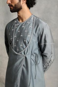 Shop for Gargee Designers Grey Cotton Silk Angrakha And Embroidered Kurta Set for Men Online at Aza Fashions Grey Kurta, Kurta Cotton, Dhoti Pants, Embroidered Sleeves, Silk Kurta, Greyish Blue, Pakistani Outfits, Kurta Set, Grey Floral