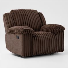 the reclining chair is made out of brown cord and has a button on it