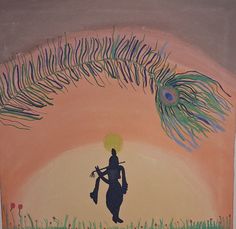 a painting of a person holding a bird in front of an orange sky and green grass