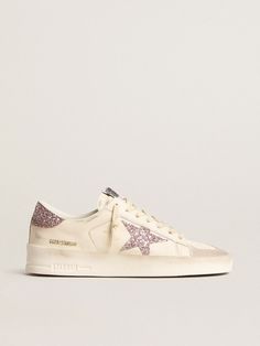 Women's Stardan in nappa and suede with pink glitter star and heel tab | Golden Goose White Leather Sneakers With Glitter, White Leather Glitter Sneakers, Low-top Leather Glitter Sneakers, Lace Socks, Glitter Stars, Scarf Hat, New Journey, Shoe Obsession, Bag Handle