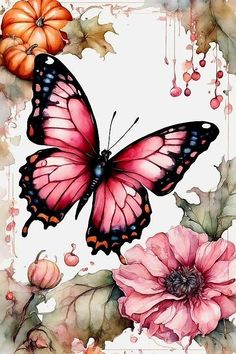 a watercolor painting of a butterfly and flowers