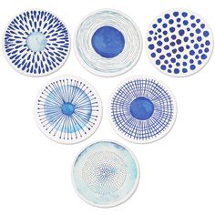 six blue and white plates on a white background, each with different designs in the center