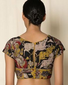 Kalamkari Blouse Designs, Ikat Blouse Designs, Blouse Back Neck, Kalamkari Print, Kalamkari Blouse, Blouse Designs High Neck, Cotton Saree Blouse Designs, Boat Neck Blouse Design, Cotton Blouse Design