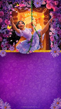 the princess and the frog movie poster with purple flowers on it's border, in front of a purple background