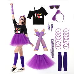 a woman in purple is posing with her costume and headbands, shoes, sunglasses, bracelets and t - shirt