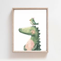 a painting of a dinosaur with a bird sitting on it's back, against a white wall