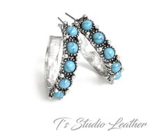 "Western Style Cowgirl Turquoise and Antique Silver Hoop Earrings Earrings measure 1 1/8\". Matching bracelets sold separately." Nickel-free Turquoise Metal Hoop Earrings, Turquoise Metal Hoop Jewelry, Turquoise Hoop Metal Jewelry, Cowgirl Turquoise, Chic Cowgirl, Cowgirl Jewelry, Boho Chic Jewelry, Chic Jewelry, Matching Bracelets